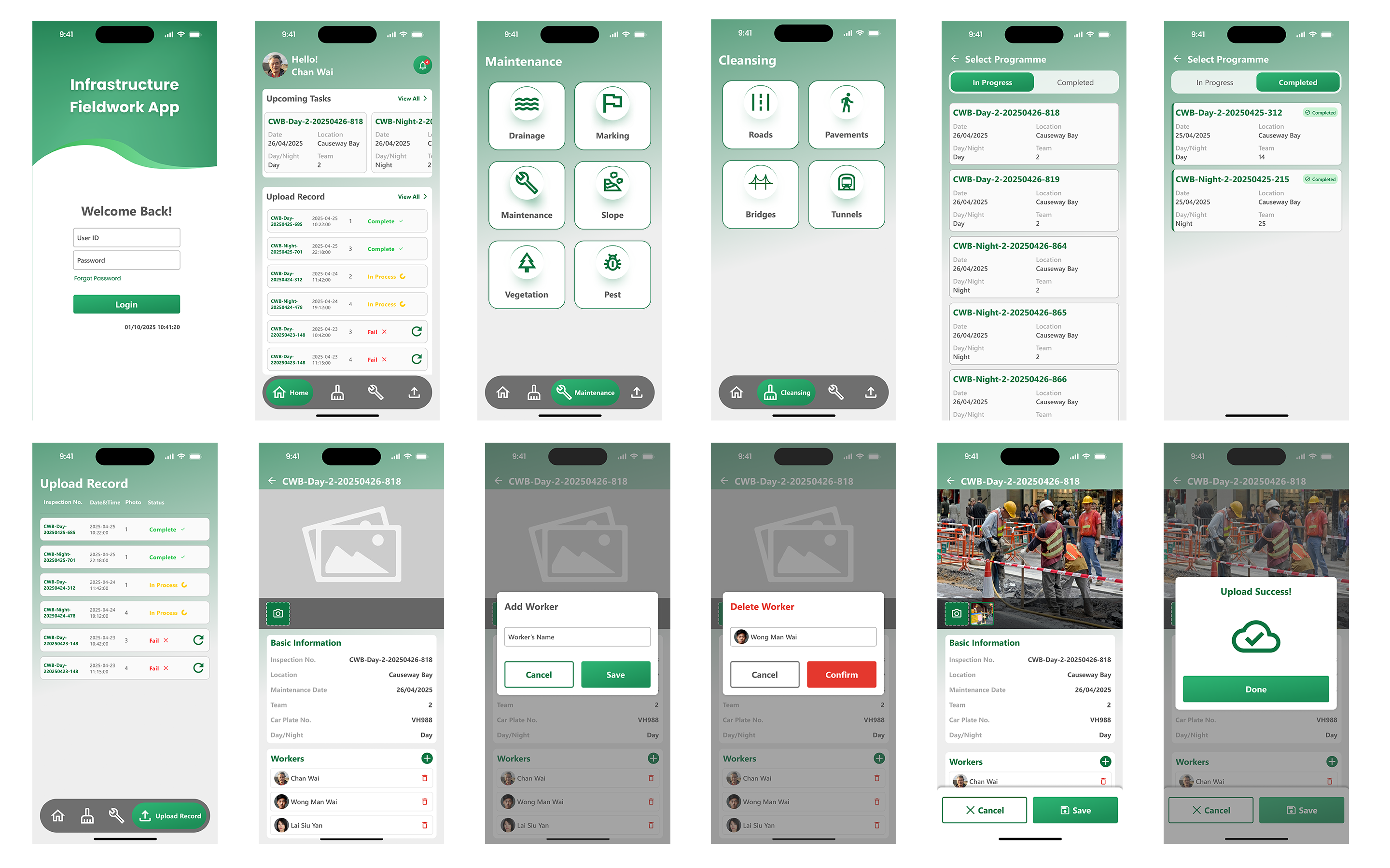 Field Maintenance App — high-fidelity mobile UI screens from login through task selection, job detail, worker management, and upload confirmation