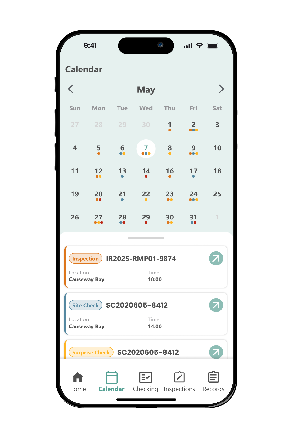 Color-coded calendar scheduling with multi-status dot indicators