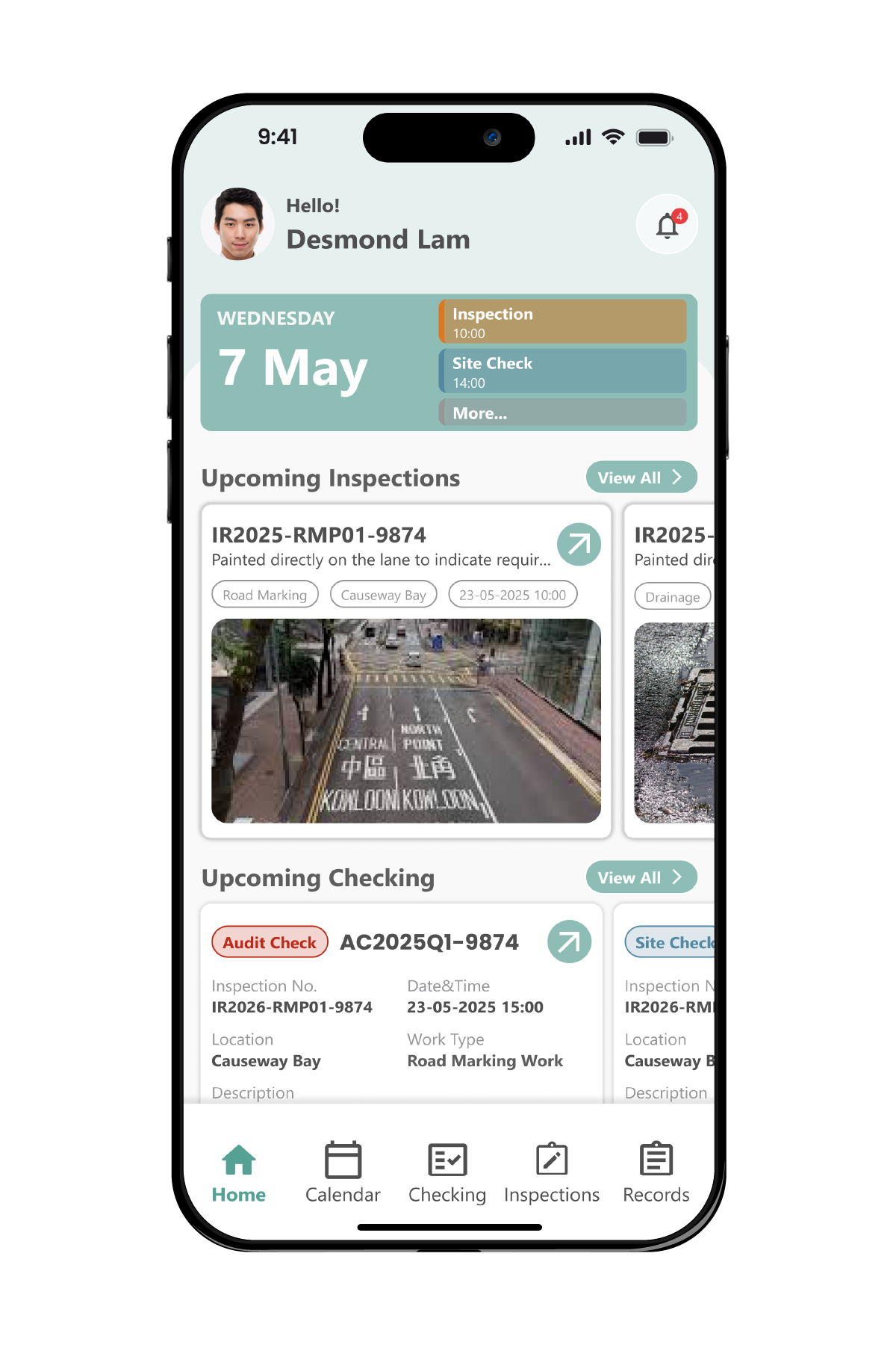 Fieldwork Inspection App home screen with upcoming inspections and checking cards
