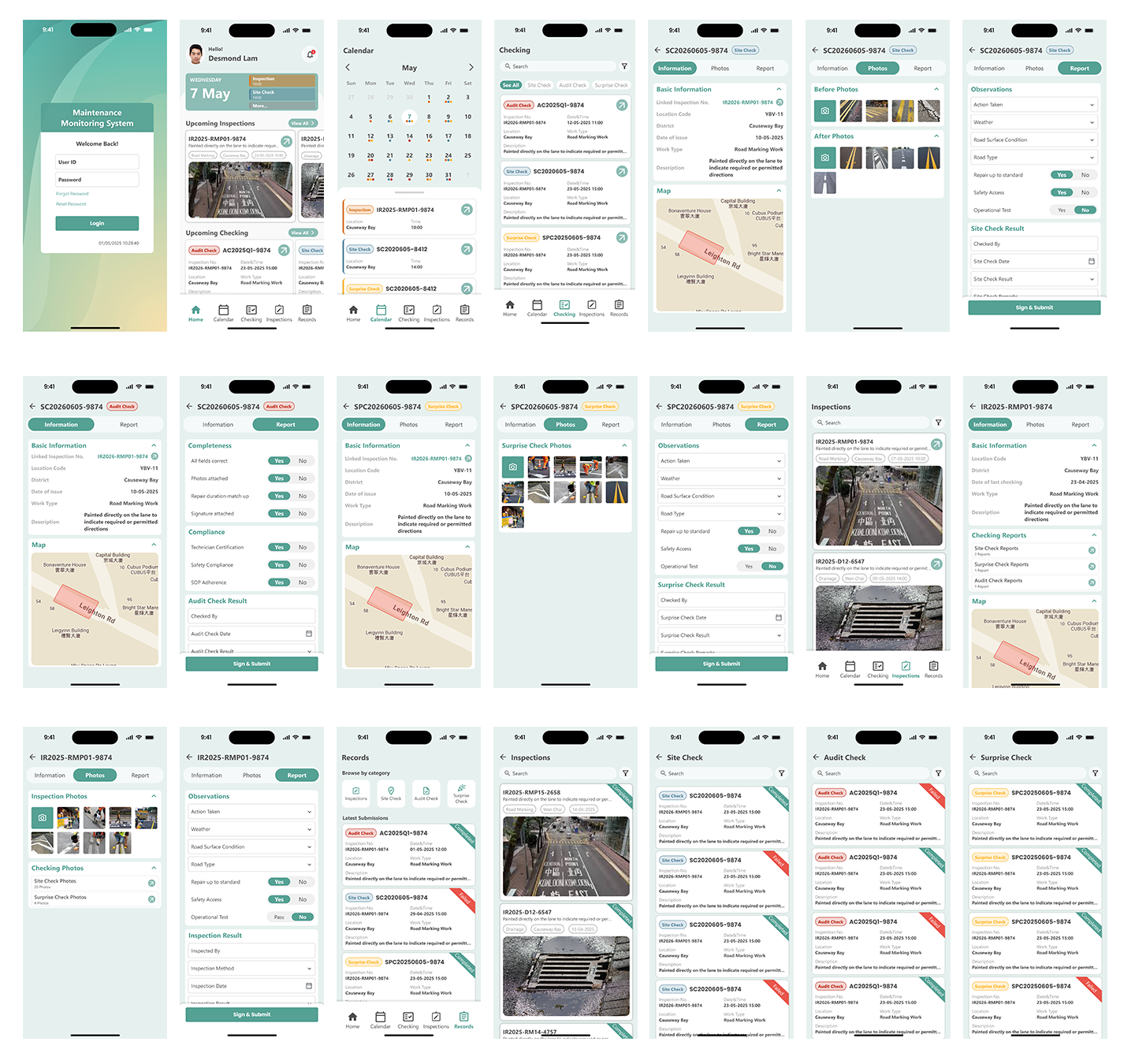 Fieldwork Inspection App — high-fidelity mobile UI screens including dashboard, calendar, inspection detail, audit form, and map views