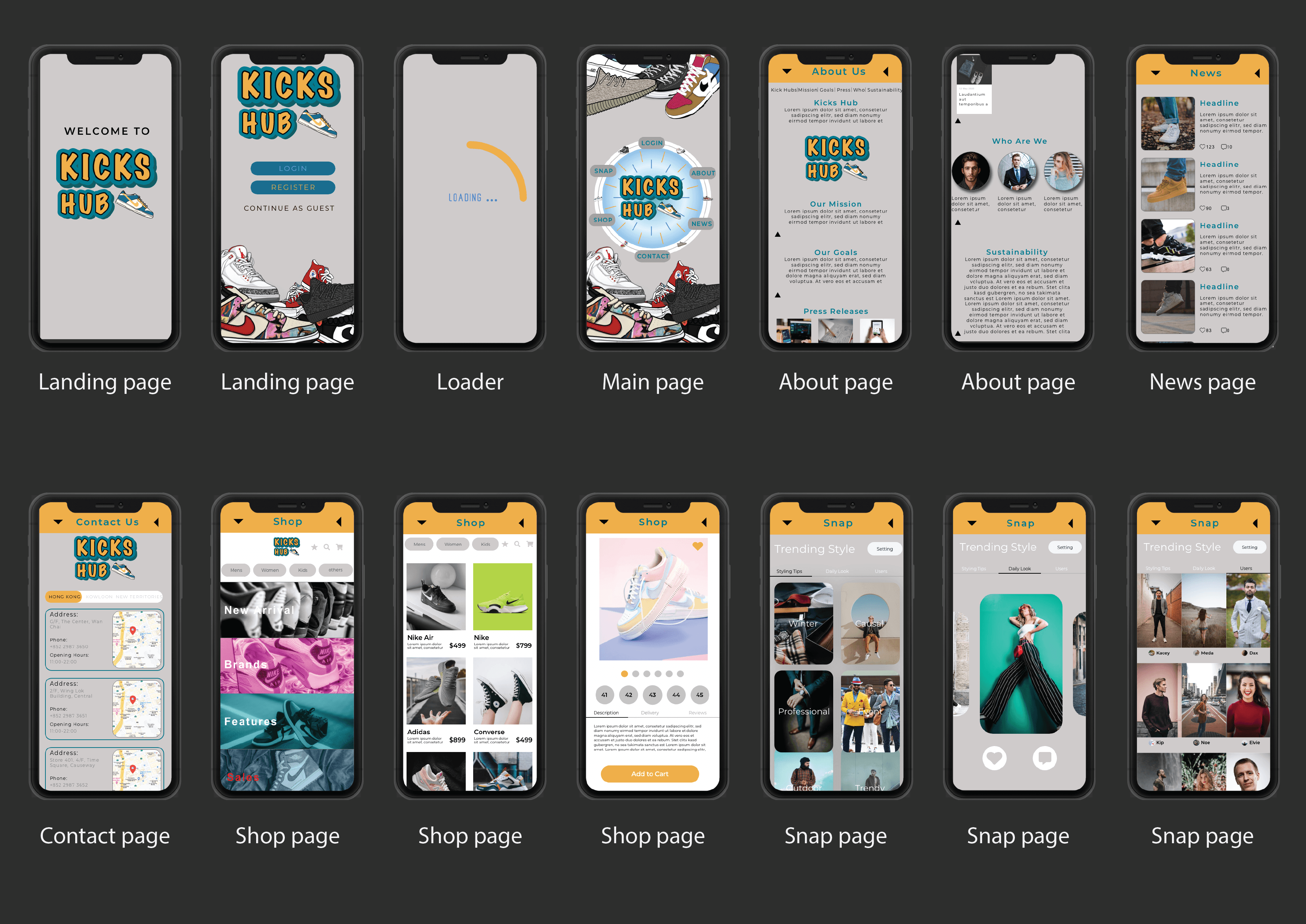 Final UI screens for the Kicks Hub mobile platform