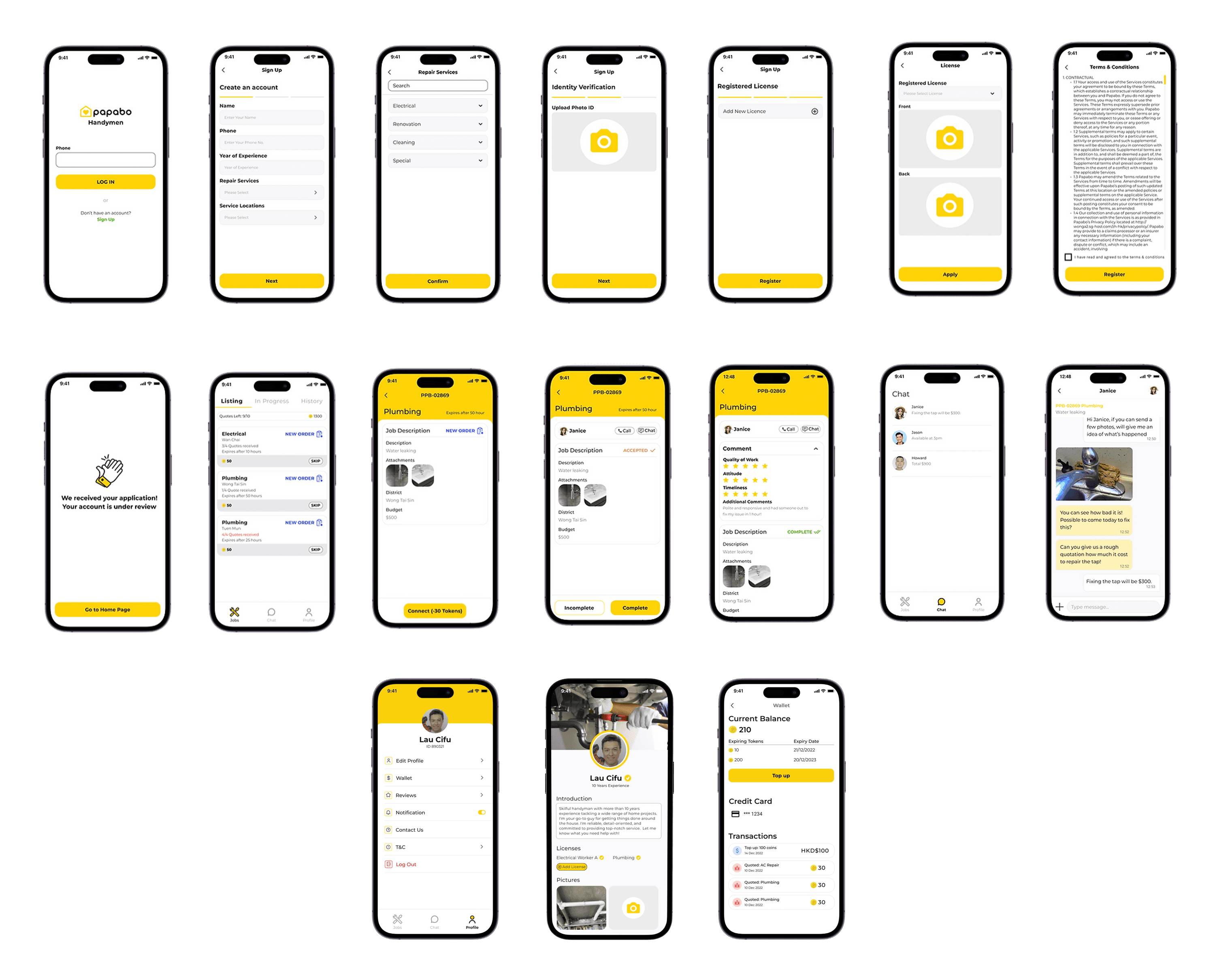 Final UI screens for the Papabo Handyman App